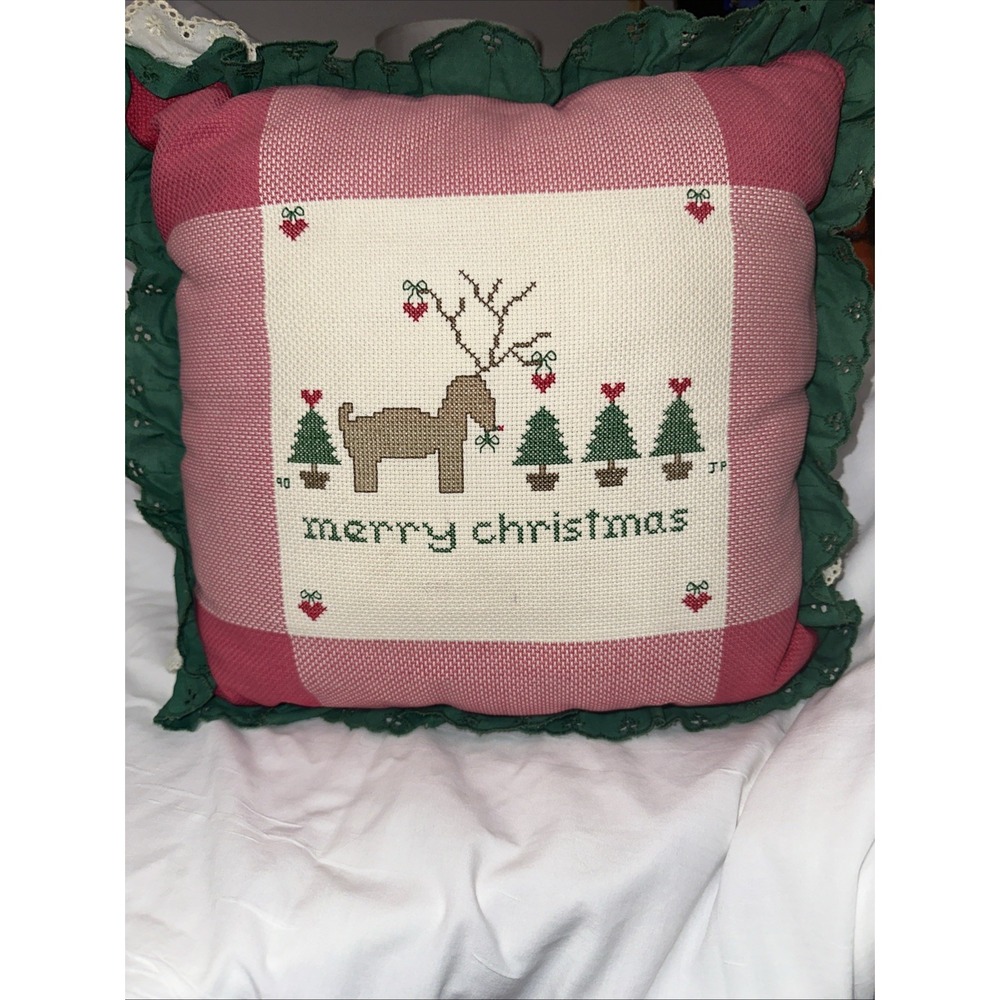 Vintage Cross Stitch Christmas Scene Pillow‎